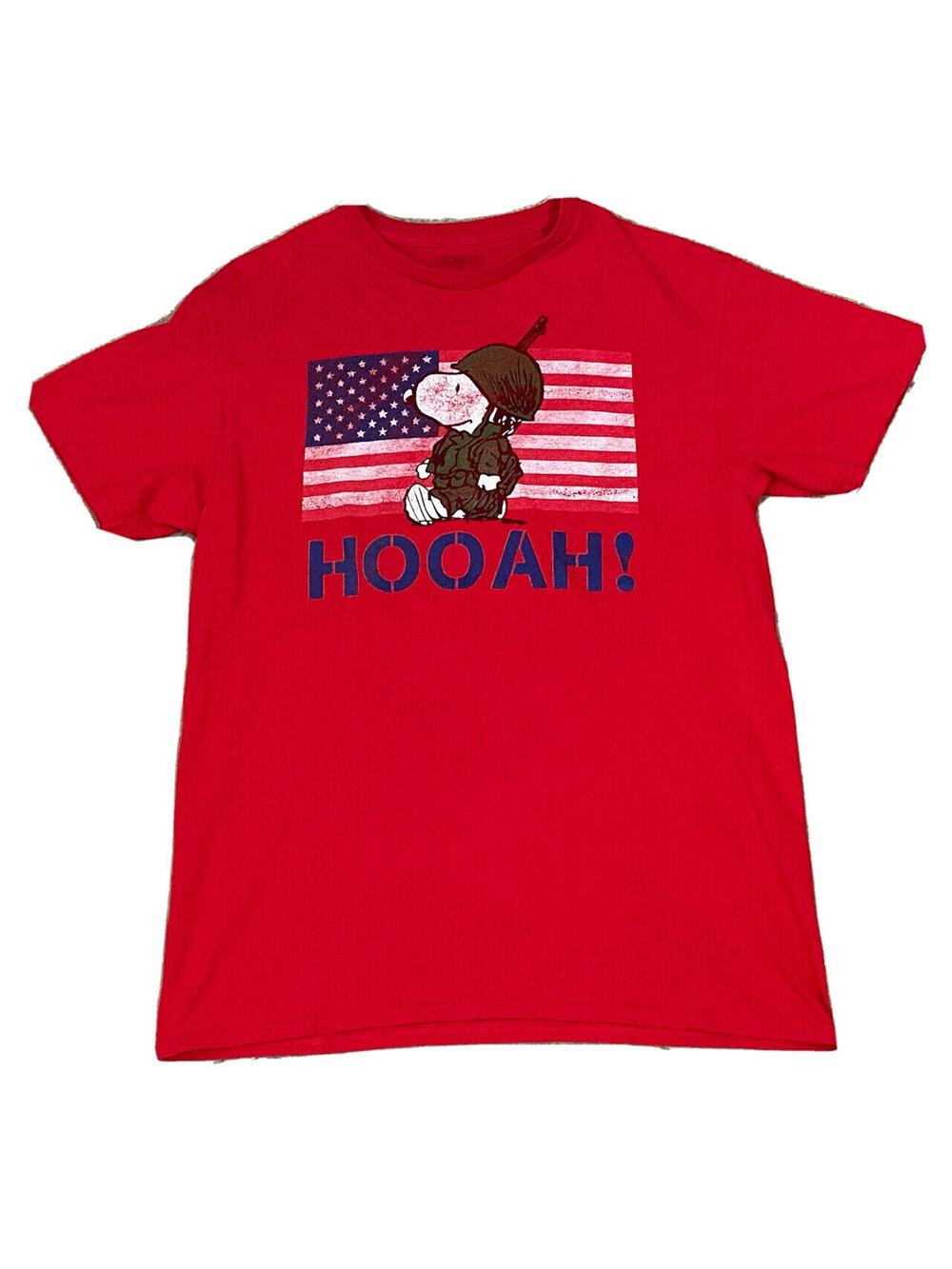 Peanuts Snoopy T-Shirt US Army Military HOOAH Patriot Flag Red Size Medium Youth